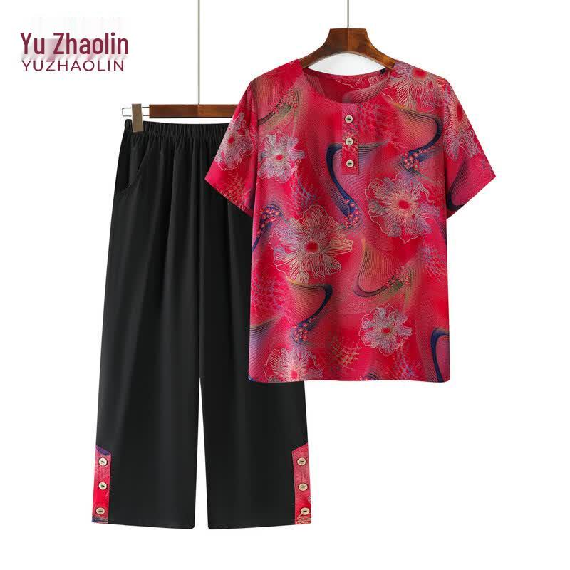 

Yuzhaolin Mid-Aged Women s Floral Short-Sleeve Two-Piece Set 3XL