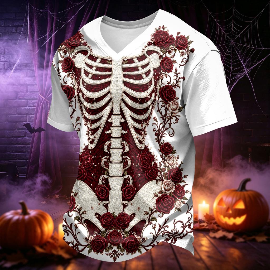 Men's V-Neck Halloween Print T-Shirt for Holiday Parties