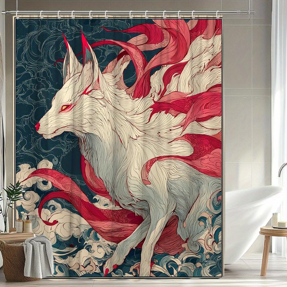 1Pc Fox Pattern Shower Curtain, Mountain Landscape Animal Theme Bathroom Decor Polyester Fabric With 12 Hooks, 70. 8X70. 8 Inche