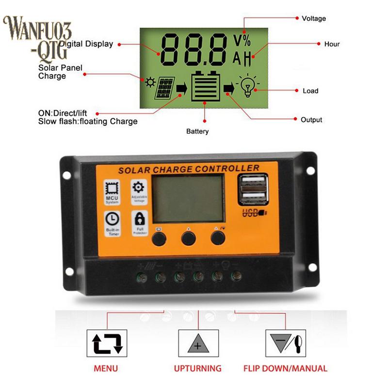 Hot LCD Solar Controller 12V/24V 30A 20A 10A Solar Charge Regulator PWM Battery Charger LCD Display Dual USB 5V 2.5A Output MOS