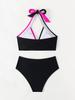 2025 Color Block High Waist Halterneck Bikini Two-Piece Swimwear for Women.