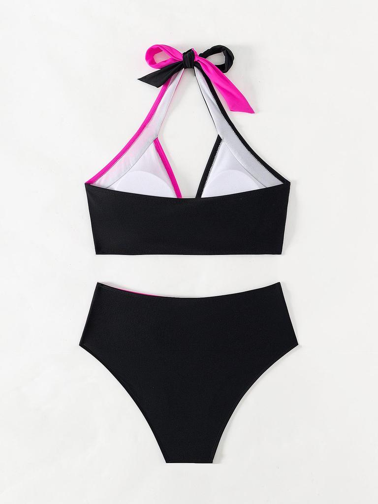 2025 Color Block High Waist Halterneck Bikini Two-Piece Swimwear for Women.
