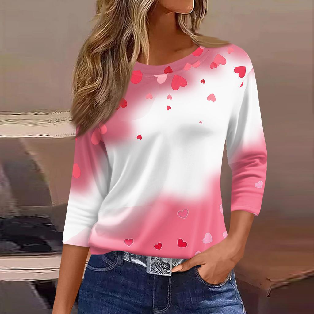 Women's Fashion Casual Round Neck 3/4 Sleeve Loose  Printed T-Shirt Ladies Top