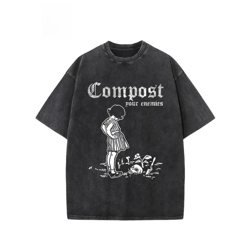 

European sizes Men s T-Shirt Creative Graphic Print T-shirt Basic T-shirt Loose Hip-hop Unisex Top Washed Vintage T-shirt S чёрный
