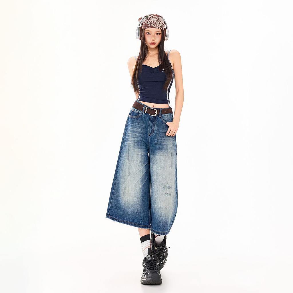 Trendy Spring Summer Pleated Vintage Loose Wide Leg Cropped Capri Denim Pants For Women Versatile Loose Straight Slimming Daily Denim Bottoms