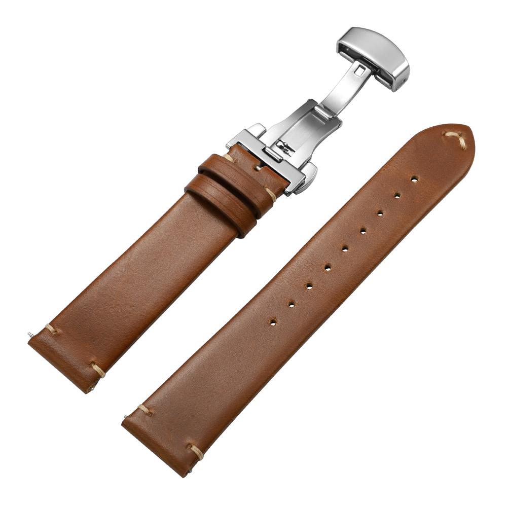 18 20 22mm Genuine Cowhide Strap Replace Band Rretro Stiching Soft Watchband Butterfly Buckle  for Men Women Watch Accessories