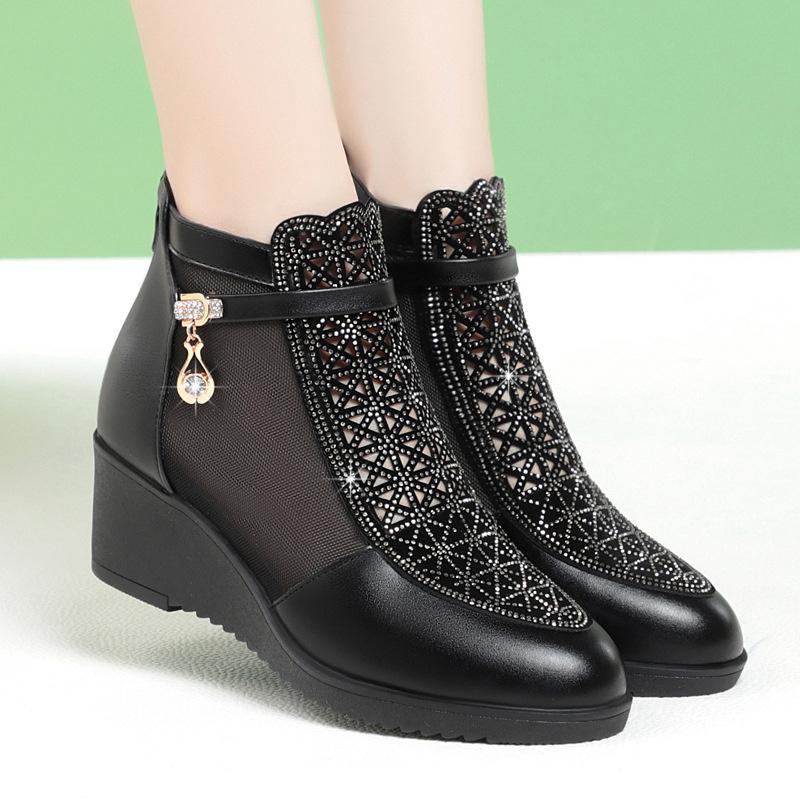 Fashion 2024 Spring Summer Middle Heel Fashion Comfort Rhinestones Soft Leather Sandals Thick Heels Mesh Boots Hollow Women's Shoes