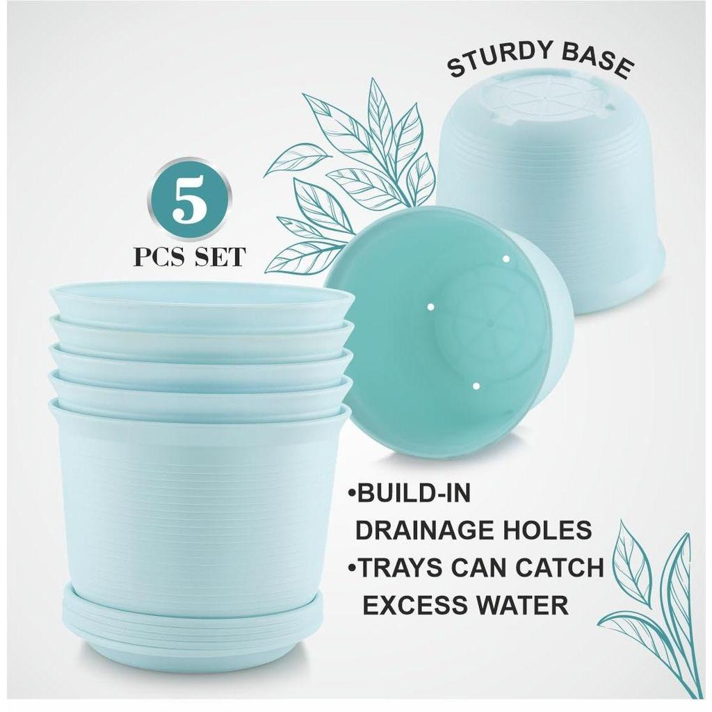 10 Inch Plastic Round Flower Pots with Tray for Home Planters, Terrace, Garden Etc | Pack of 05 | Blue | for Home Indoor & Outdoor Gardening Plants