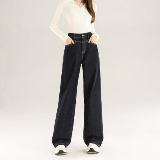 Women s Denim Blue Straight-Leg Jeans - Thick Fleece, Fade-Resistant, Wide-Leg, Autumn/Winter. XXL темно-синий