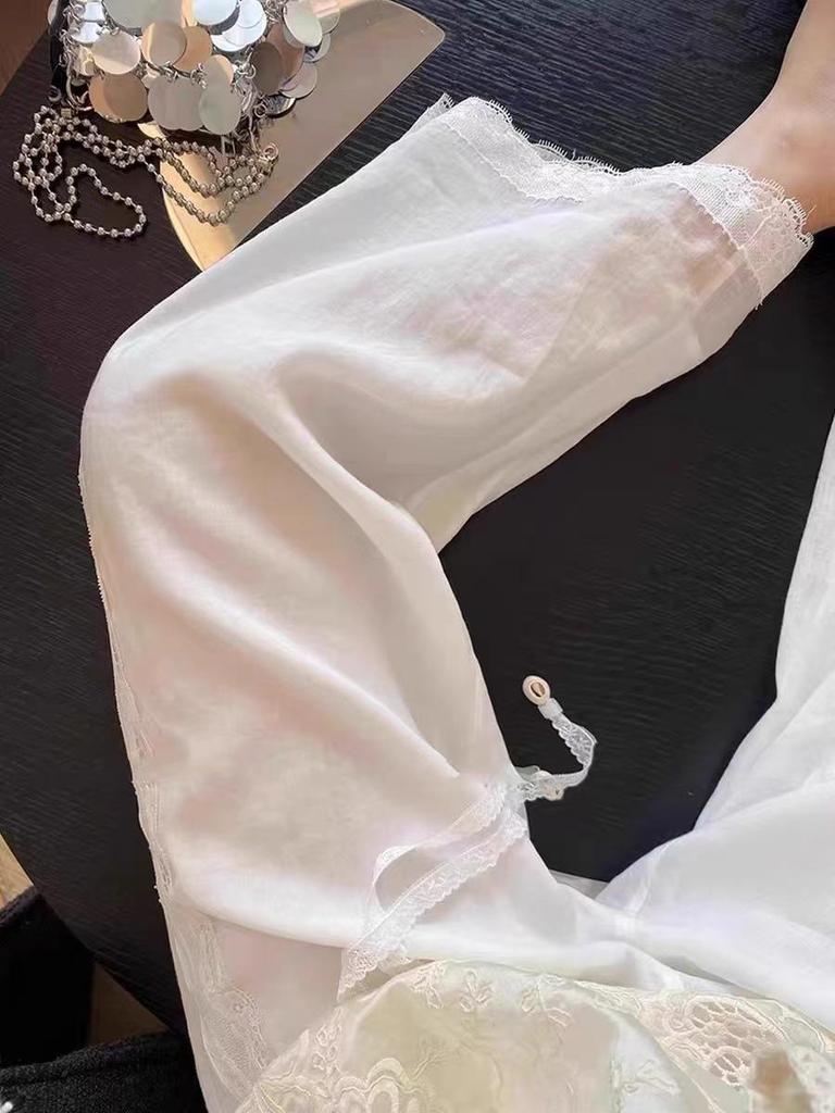 Damen Weiß Leinen Spitze Bestickt Weite Hosen - Sommer 2026 Kollektion