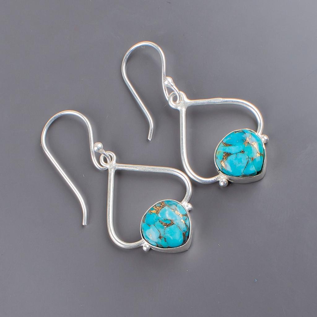 Blauer Kupfer-Türkis Edelstein 925 Sterlingsilber Designer Schmuck Ohrringe 1.80" EE-33-35