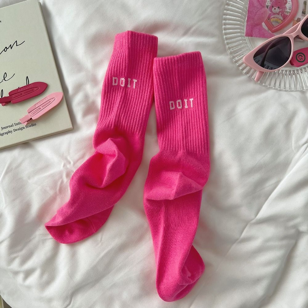Colorful Letter Crew Socks Solid Calf Socks Personality Pink Socks Daily