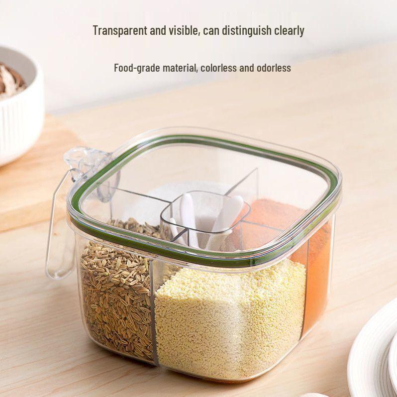 4-in-1 Flip-Top Seasoning Jar: Multi-Compartment Storage for Salt, Pepper, MSG & More 4-in-1 Seasoning Box with 4 Spoons