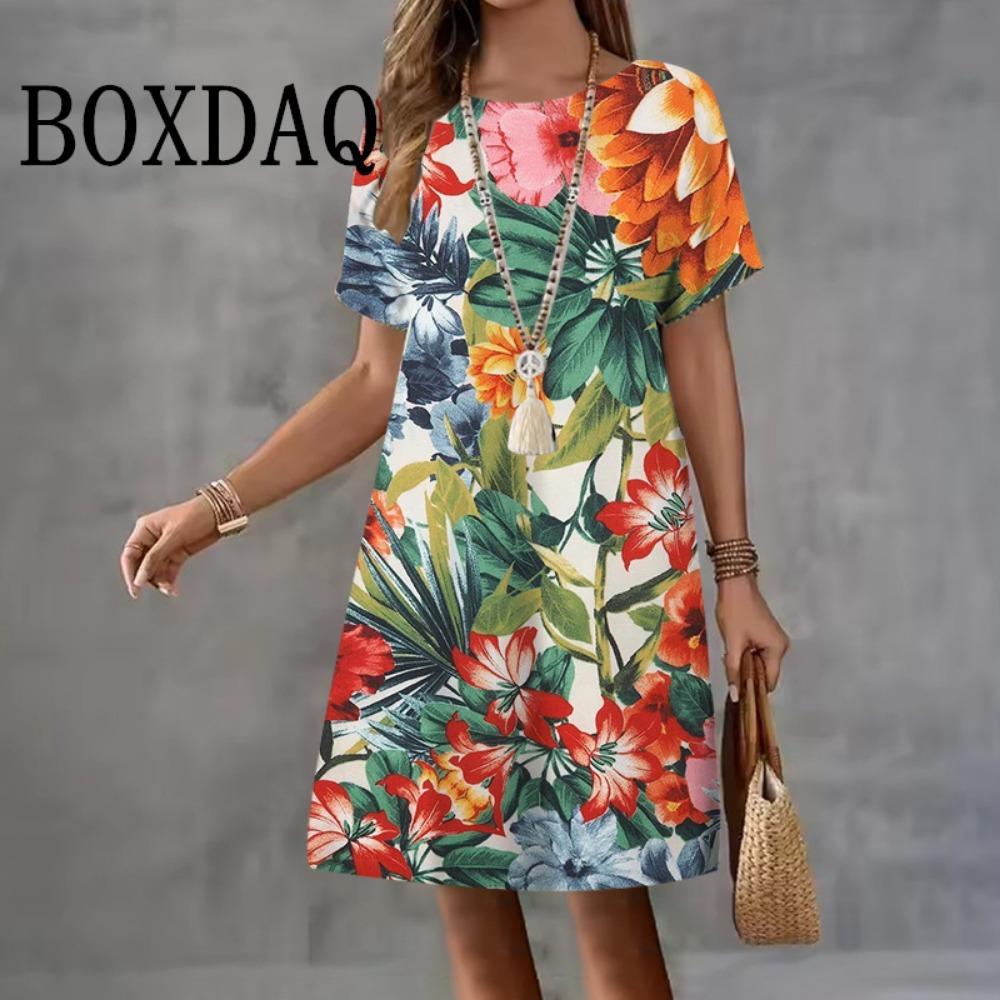 Summer Woman Clothing Short Sleeve Dresses Flower Printing Midi Dress 3D Retro Women's Clothing Loose Casual Round Neck Pullover