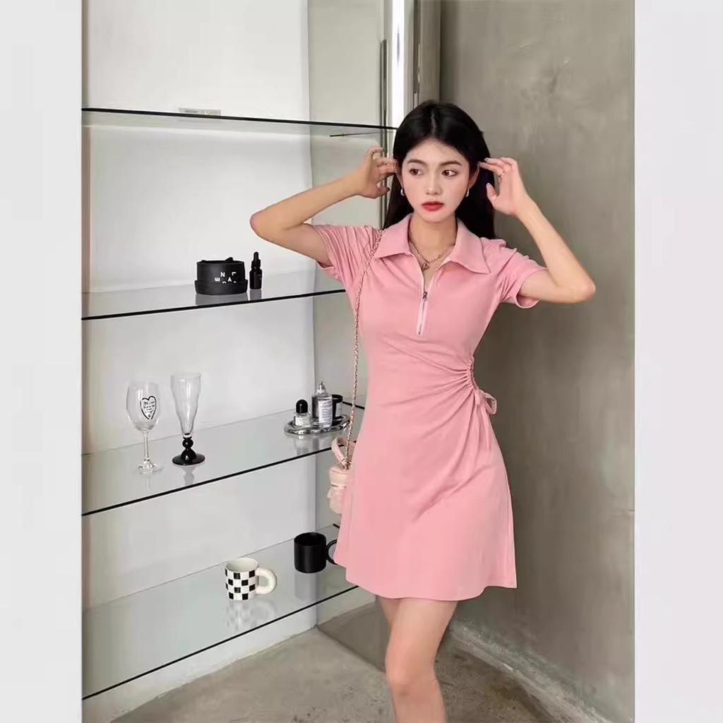 Casual age-reducing polo collar dress women's summer new drawstring hollow pleats waist thin short skirt