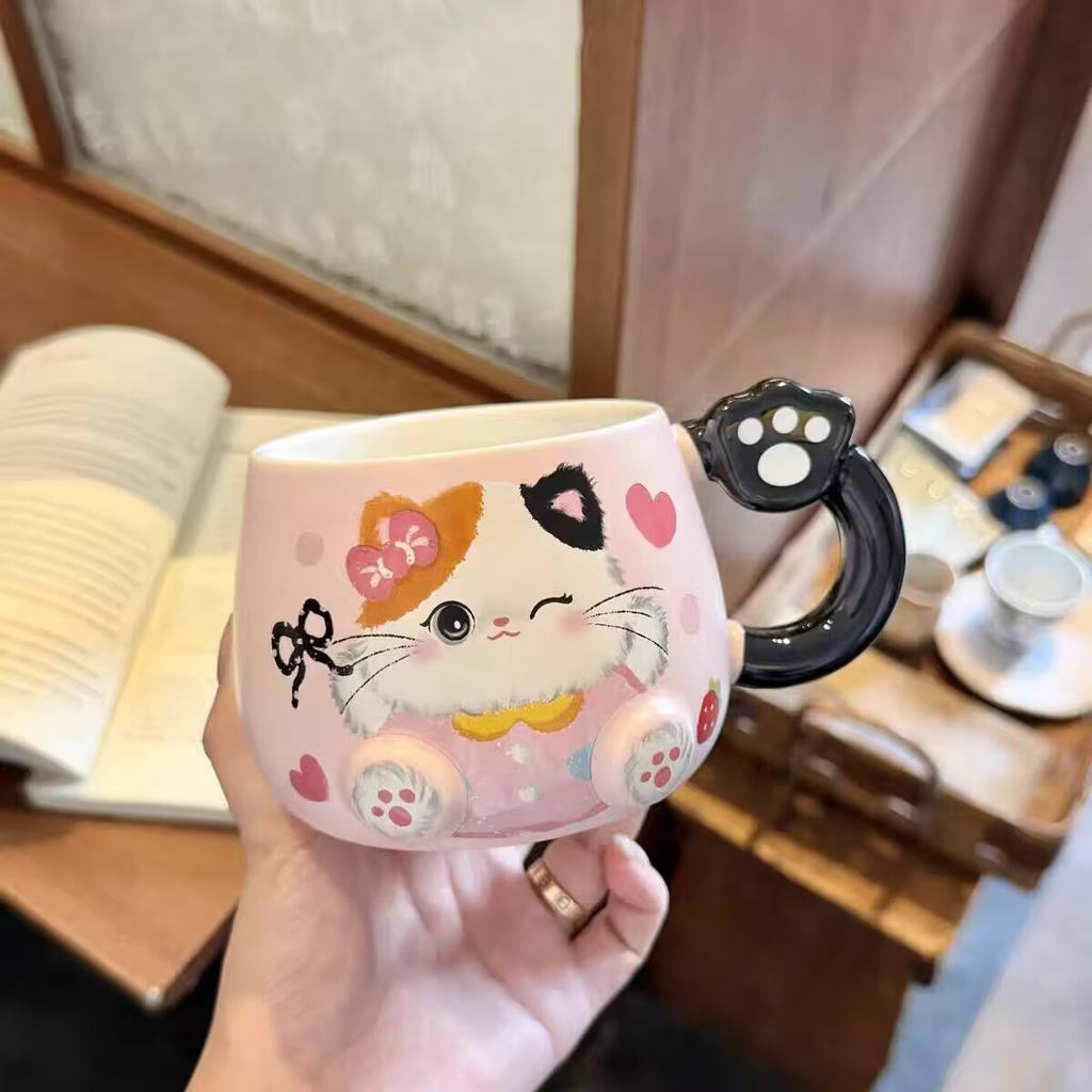 Cat Mug with Lid Spoon High Value Cute Cup Ceramic Water Cup for Women Home Large Capacity Breakfast Cup for Children