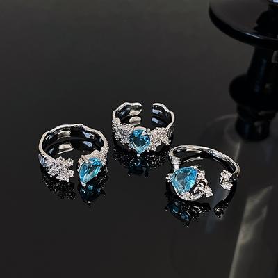 Fairy Wind Aquamarine Niche Design Sense Open Ring Light Luxury Premium Water Drop Full Diamond Index Finger Ring Stacked Wear Ring