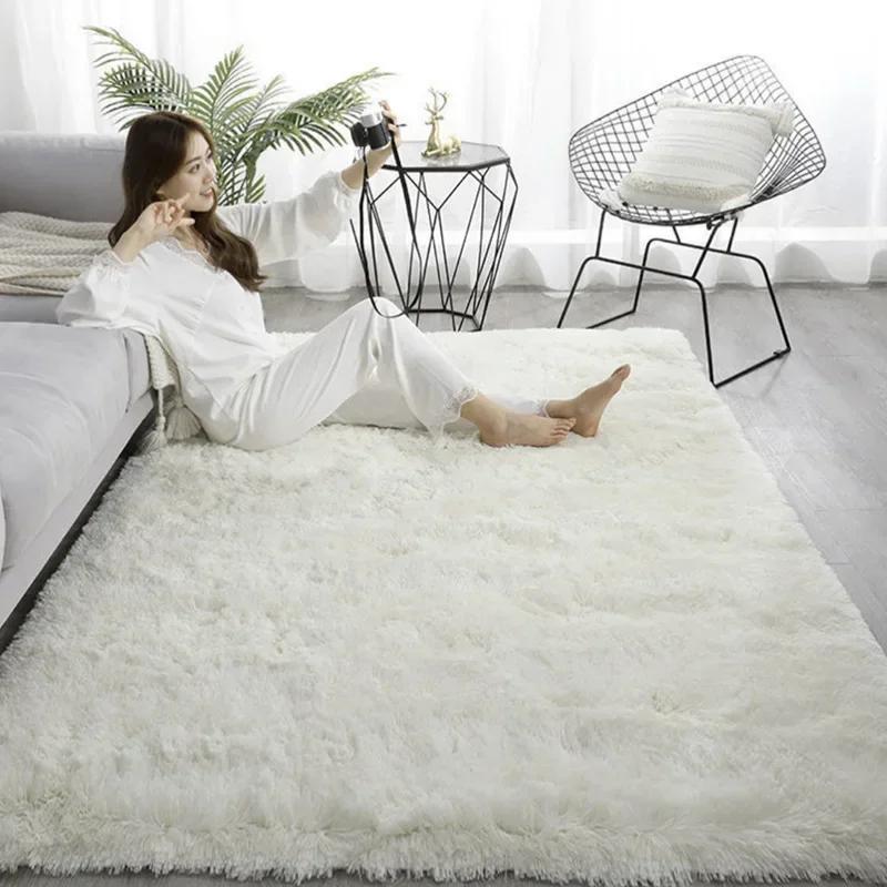 Fluffy Cream White Woolen Rug Solid Color Silk Wool Bedside Blanket Women's Room Rug Non Slip Bottom Living Room Mat Home Decor