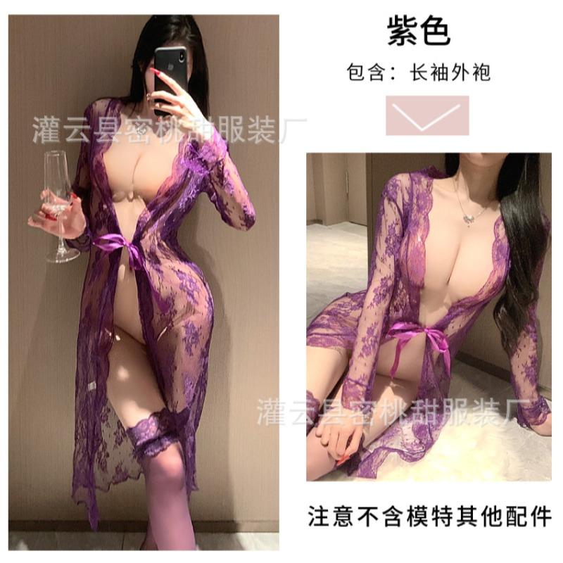Sexy pajamas hot long-sleeved transparent lace-up dress sexy lace perspective home nightdress temptation