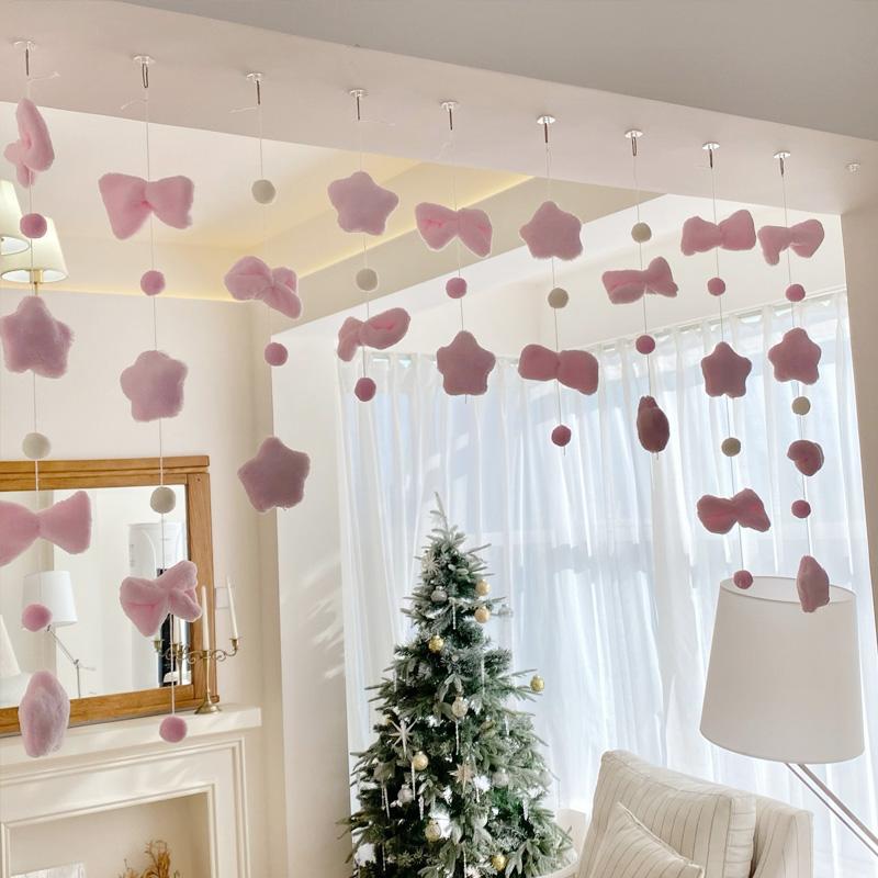 1 Set Divider String Lovely Hanging Ornaments Girls Room Decor Tassel Curtain Romantic Heart Shaped Pink Bow Curtain Decor