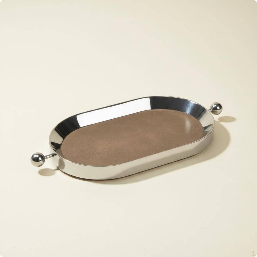 Decorative Serving Tray Stainless Steel Mirror Leather Base Household Storage for Dining Table,