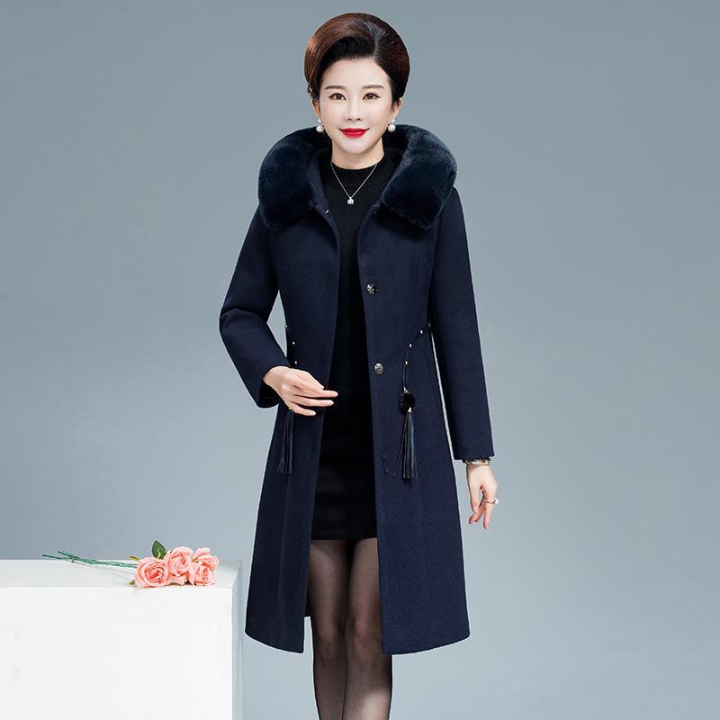 

Зимнее пальто для женщин среднего возраста с капюшоном и шерстяным воротником из искусственного меха, кашемировое пальто средней длины XXXL темно-синий
