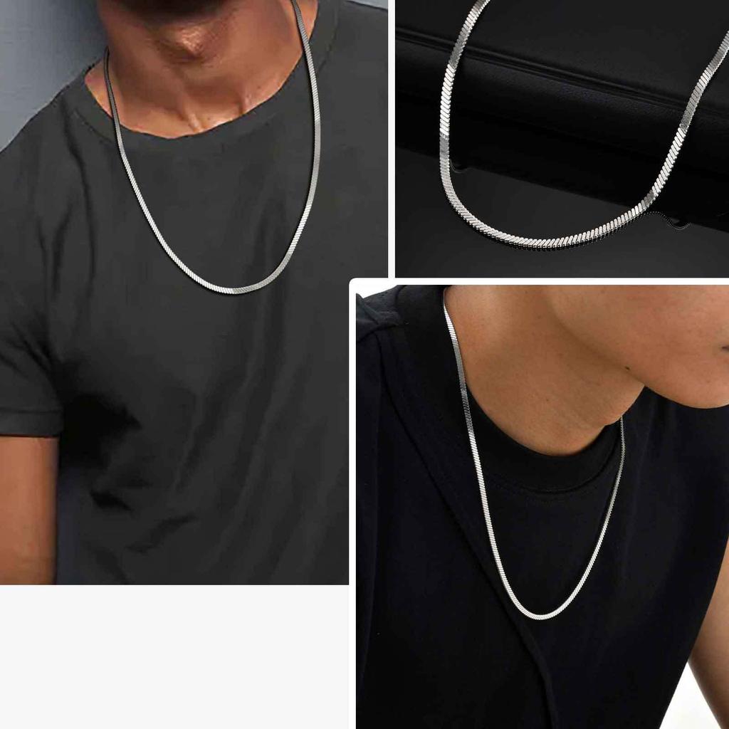 Vnox Width 3mm Flat Snake Silver Color Necklace for Men, Stainless Steel Vintage Blade Chain Collar, Hiphop Casual Jewelry Gifts