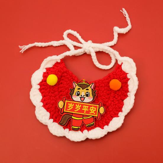 סינר חתול סרוג אדום עבודת יד סינית לראש השנה סינר לחיות מחמד שנת הסוס סינר לכלבים עם רקמה לגורי חתולים כלבים קטנים אביזר חגיגי