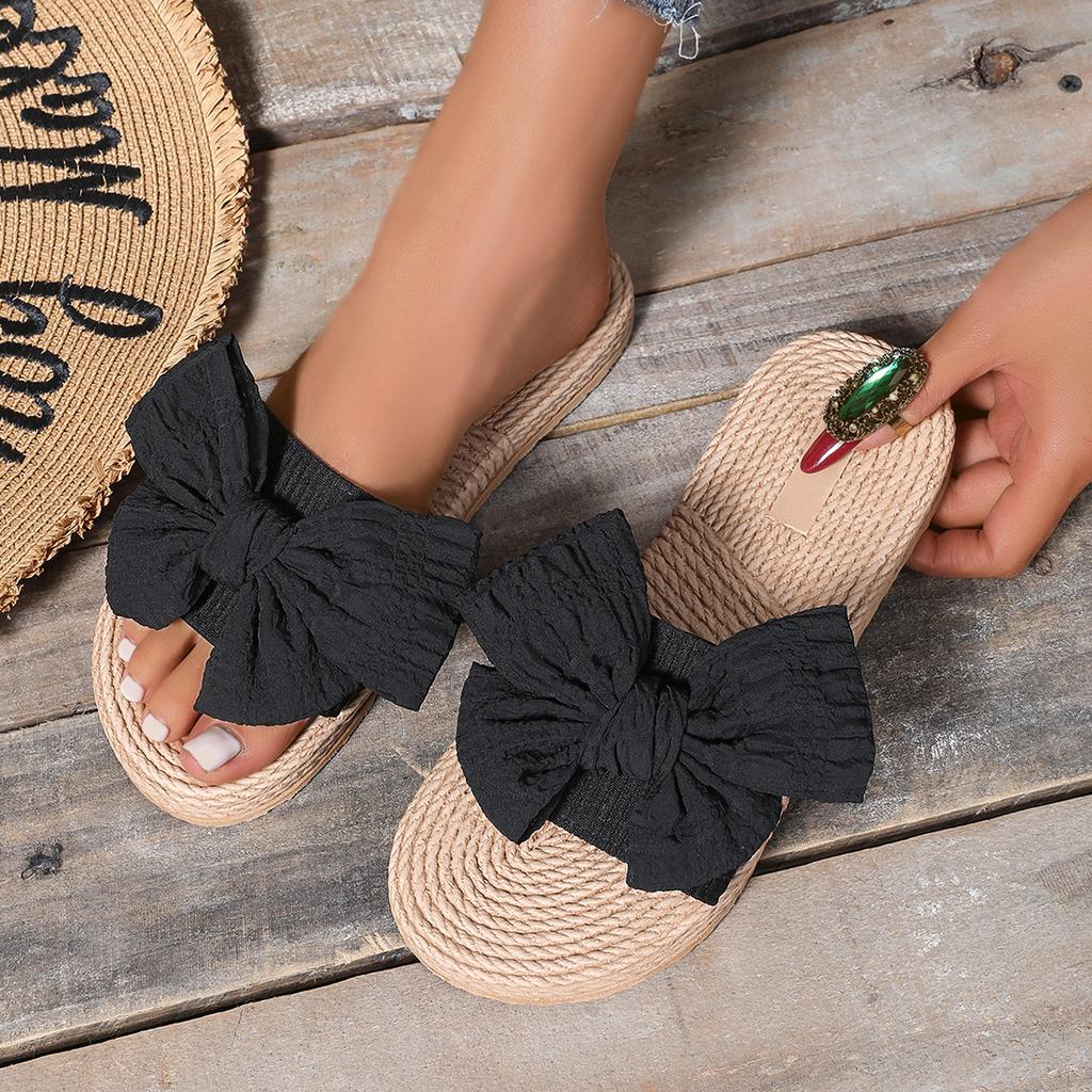 Fashion Women Slippers New Summer Casual Shoes Comfortable Flax Slippers Striped Bow Linen Platform Sandals Ladies Indoor Slides Women