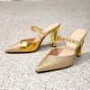 Women's shoes gold high-heeled sandals party shoes special-shaped heel chain decoration pointed color matching simple high heels