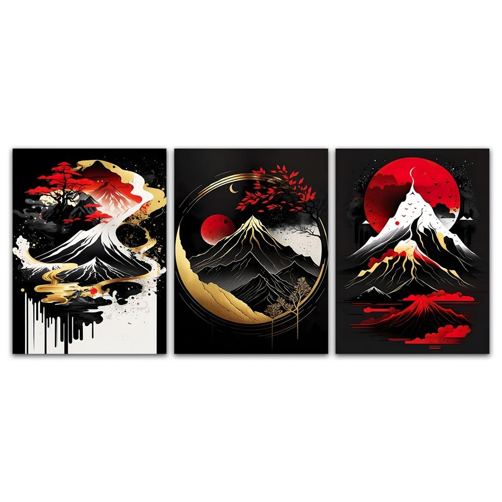 Landscape Canvas Painting Black And Red Posters Vintage Ink Art Wall Prints For Living Room Home 3pcs Frameless Japanese Natural