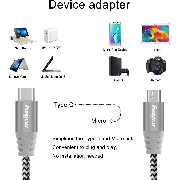 Fasgear USB C to Micro USB Cable 30cm Nylon Braided Type C to Micro USB Cord Compatible with Galaxy S7/S6, HTC One/10 and More (Gray, 1ft)
