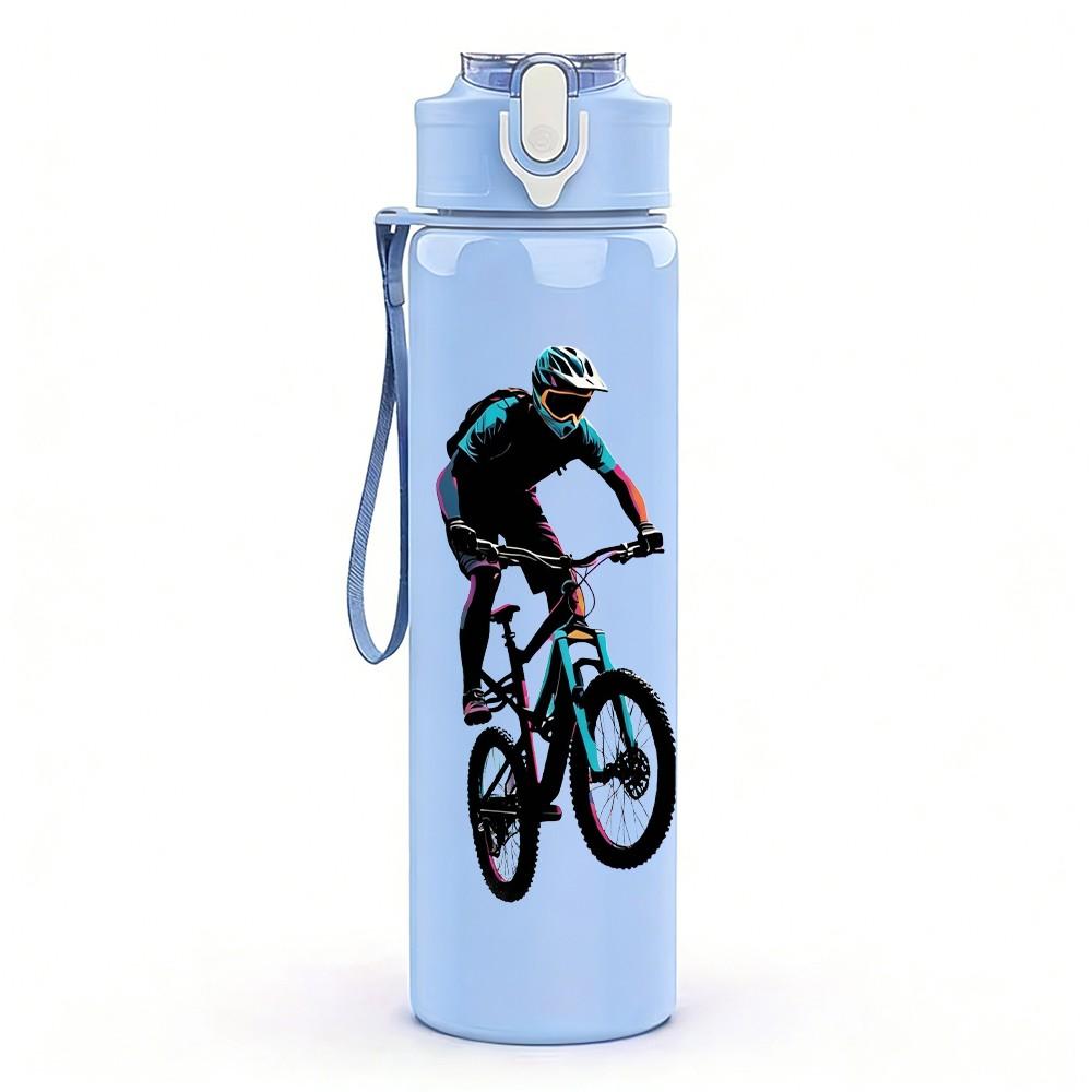 1PC Bicycle Rider Sport Character Print 750ml Color Plastic Sports Water Bottle Leakproof Flip Straw Lid Suitable for Sports Office Home Use