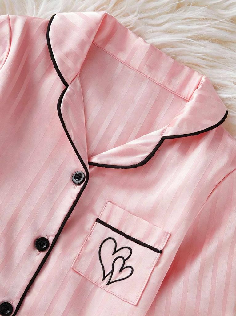 Baby Girls Satin Pajama Set, Pink Striped Long Sleeve Button Down Sleepwear Loungewear for 6M-3Y