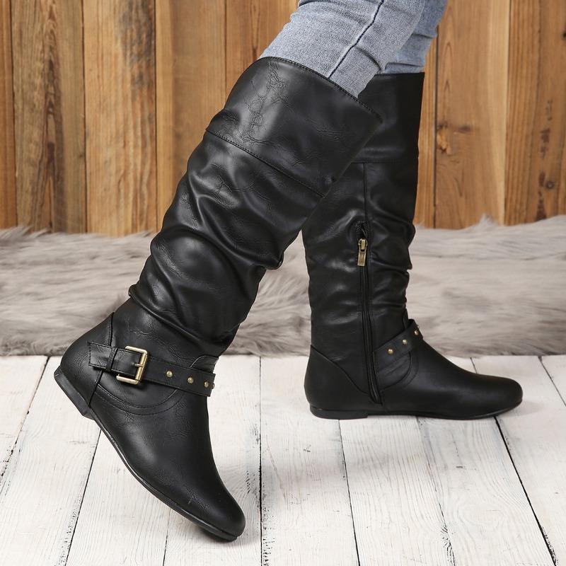 Women's Autumn-Winter Retro Fashion Pull-On Long Boots With Belt Buckle, Round-Toe Style, Available In Large Sizes.