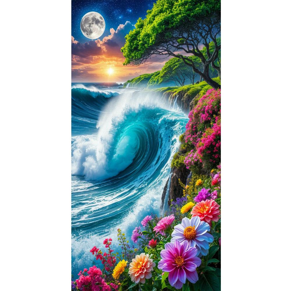 Large Size Mosaic DIY Full Diamond Painting Kits Art Beautiful Waves and Moon Embroidery Cross Stitch Rhinestones