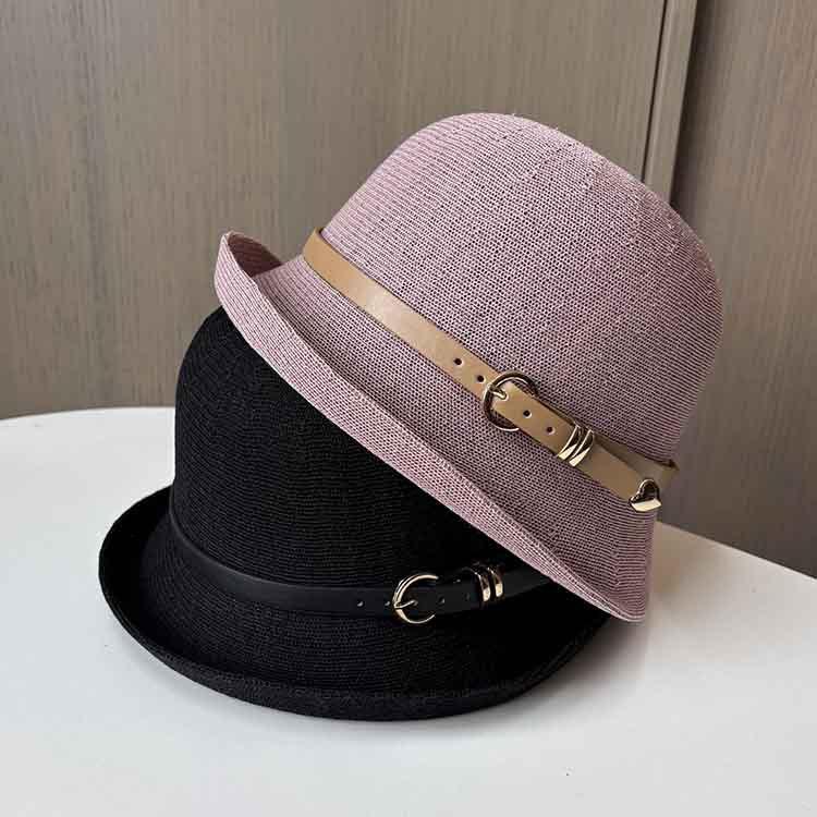 Spring and summer knitted thin belt buckle top hat British retro travel sunscreen sun hat fashion versatile basin hat