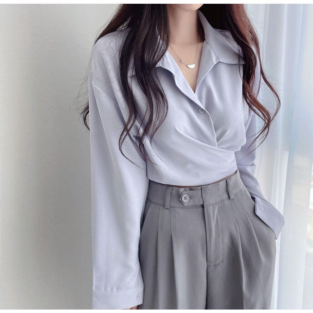 

Шикарна корейська ретро коротка сорочка зі шнурівкою на талії та однобортним дизайном S світло-синій колір