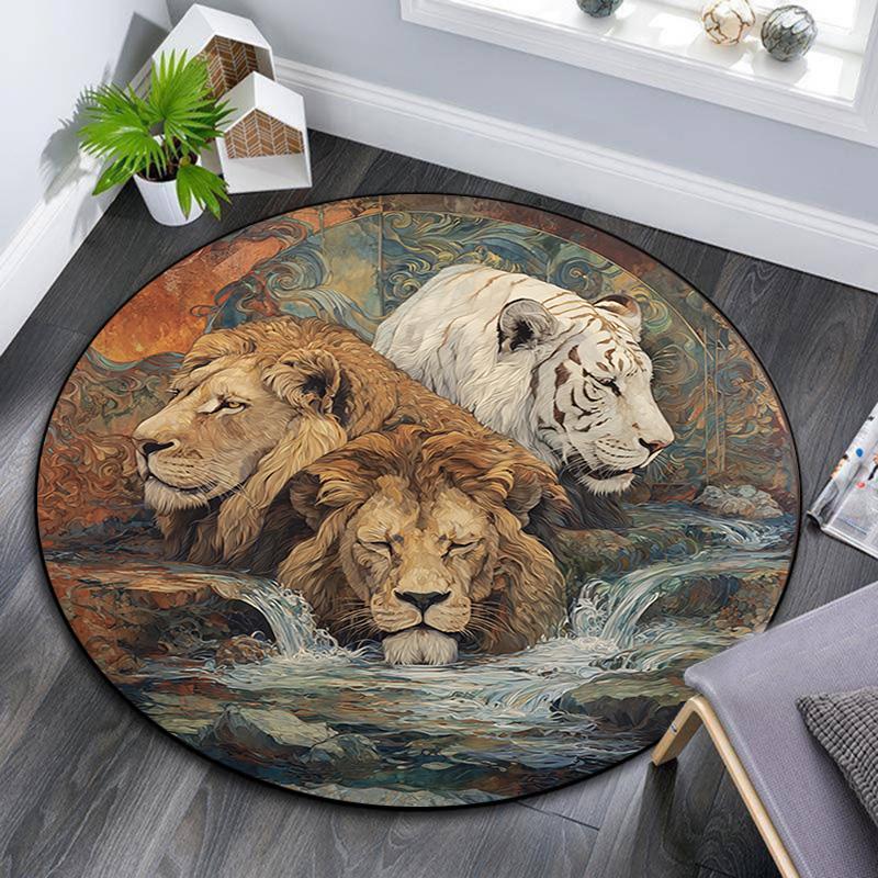 Lions Round Area Rug,Carpet Rug for Living Room Bedroom Sofa Playroom Decor,Non-slip Floor Mat