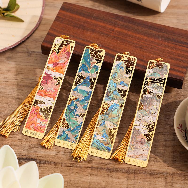 Retro Chinese Landscape Brass Bookmark Hollow-out Mountains Scene Boor Tak with Silk Tassel  Antique Gift for Book Lovers