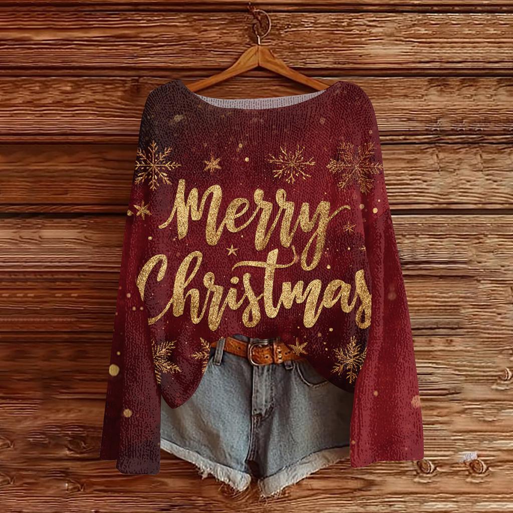 Women's Round Neck Lightweight Sweater Casual Long Sleeve Christmas Print Knit Pullover