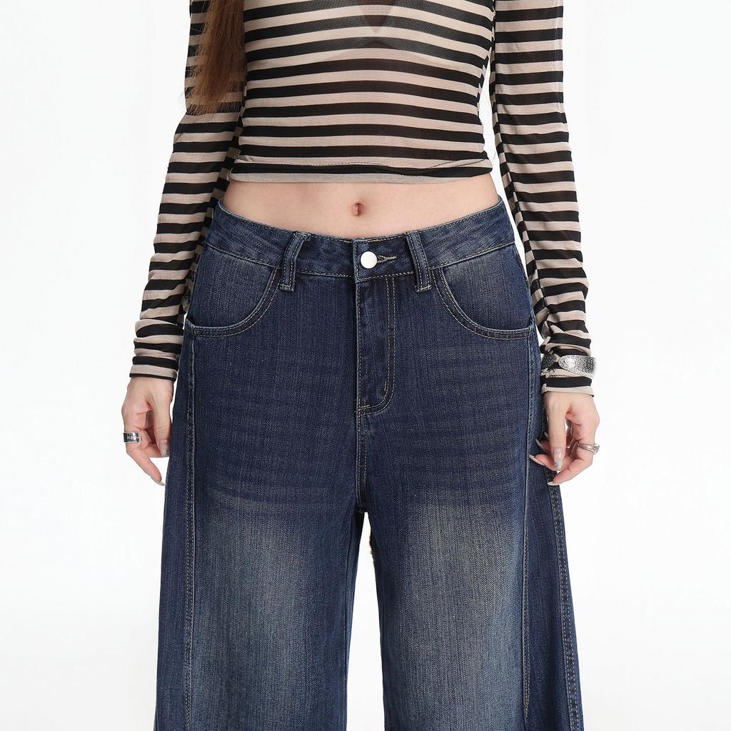 Autumn and winter new retro blue bamboo straight jeans women's narrow wide-leg slim floor pants
