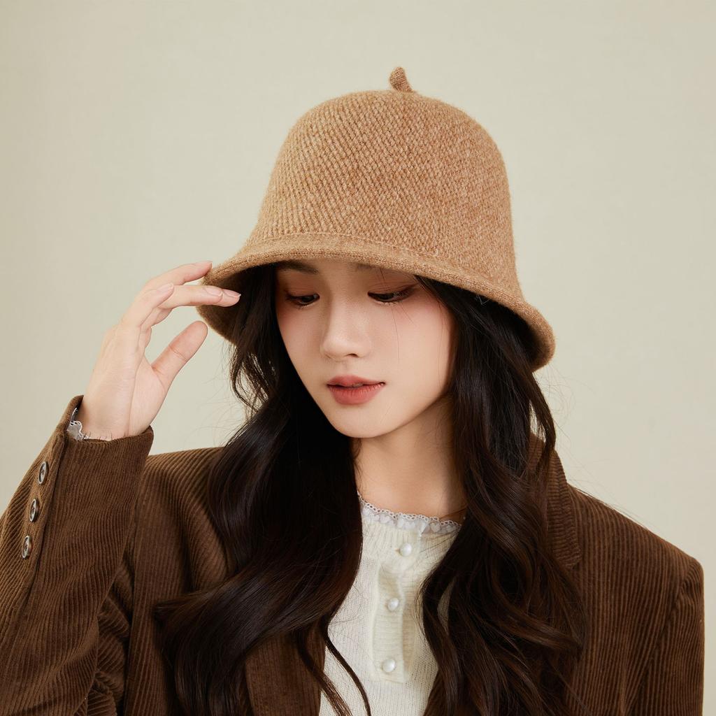 Fashion Bucket Hat Women'S Spring And Autumn Winter Solid Color Knitted Wool Bucket Hat Cover Face Tide Japanese