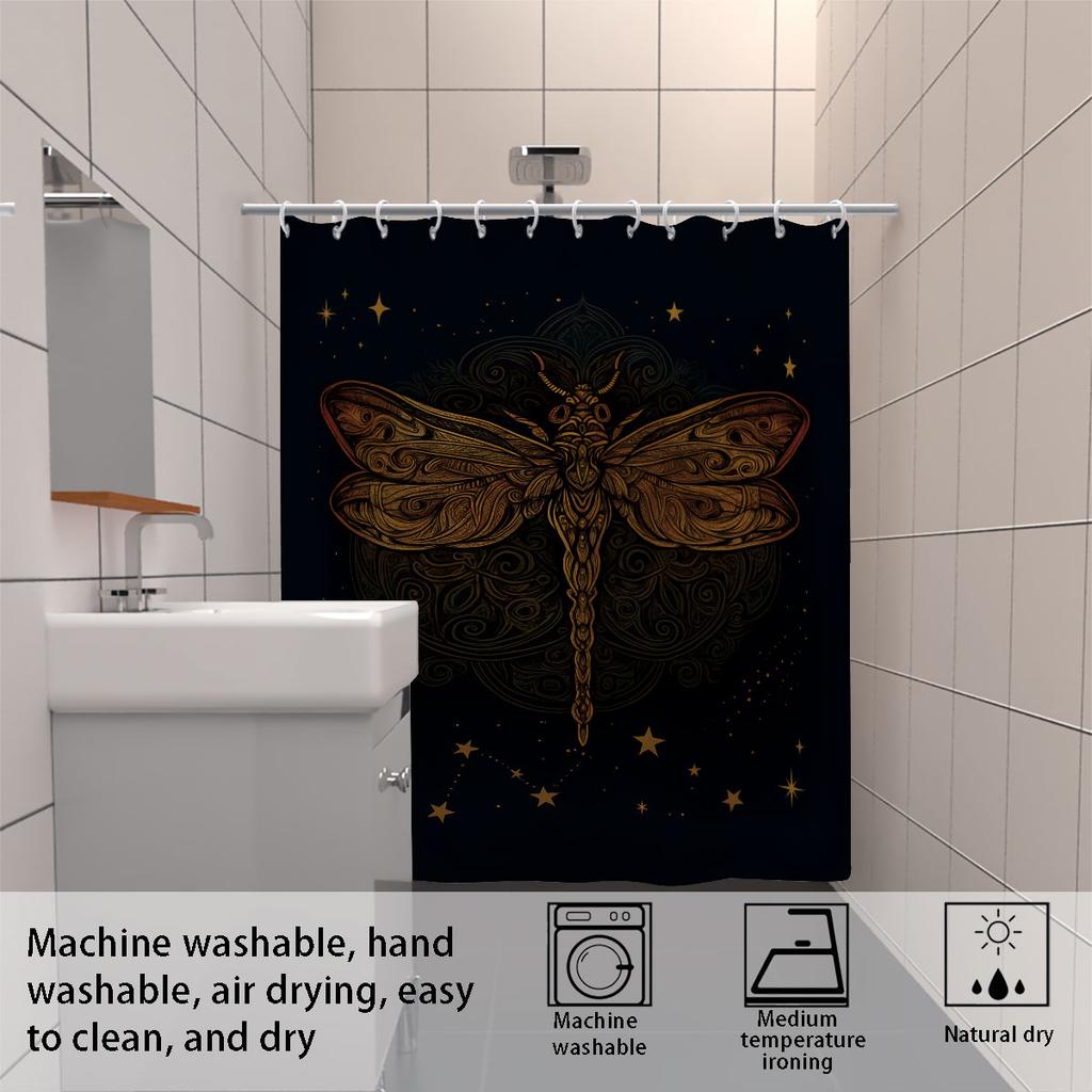 1Pc Dragonfly Print Black Waterproof Shower Curtain Bathroom Partition Privacy Multiple Sizes 12 Hooks Easy To Install