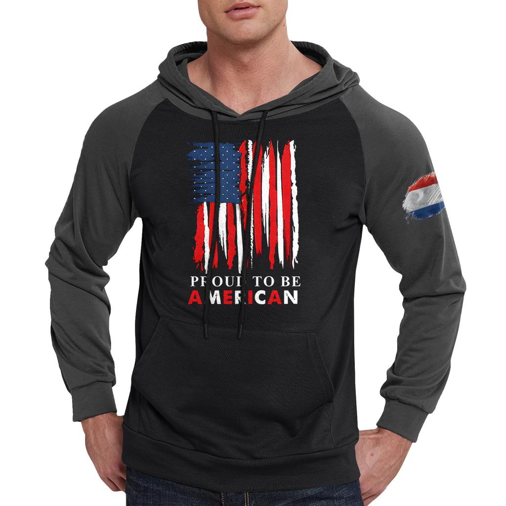 Herren Lässiges Kapuzen-Sweatshirt mit Kordelzug, lang, mit Flaggen-Print und Taschen