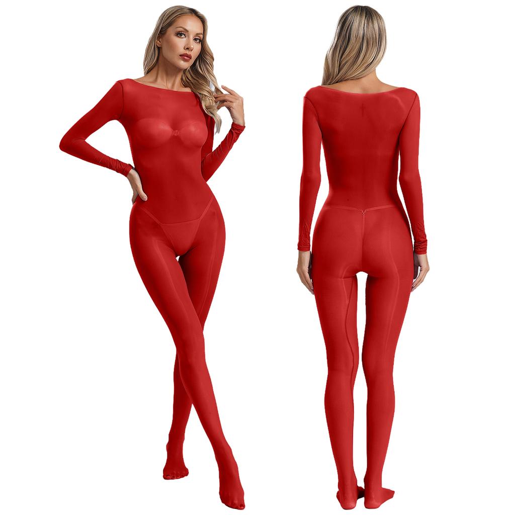 Womens See Through Elastic Footed Bodysuit Long Sleeve Silky Jumpsuit