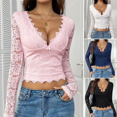Pull Y2K Sexy Décolleté V Profond Dentelle Découpée - Printemps/Été 2025 Top pour Femme, Style Européen et Américain Doux et Épicé