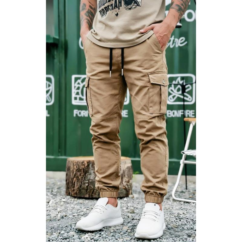 Men Drawstring Elastic Waist Multi Pocket Cargo Jogger Pants Casual Cuffed Trousers