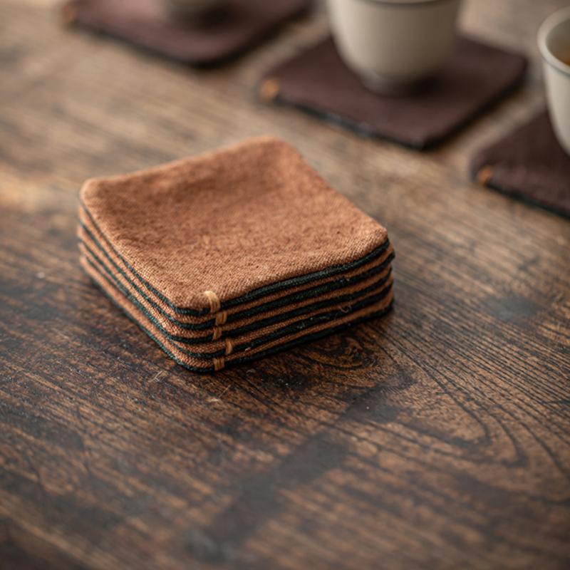 Hand Sewn Tea Cup Heat Insulation Pad Tie Dye Grass Wood Mat for Zen Theme Tea Ceremony Dining Table