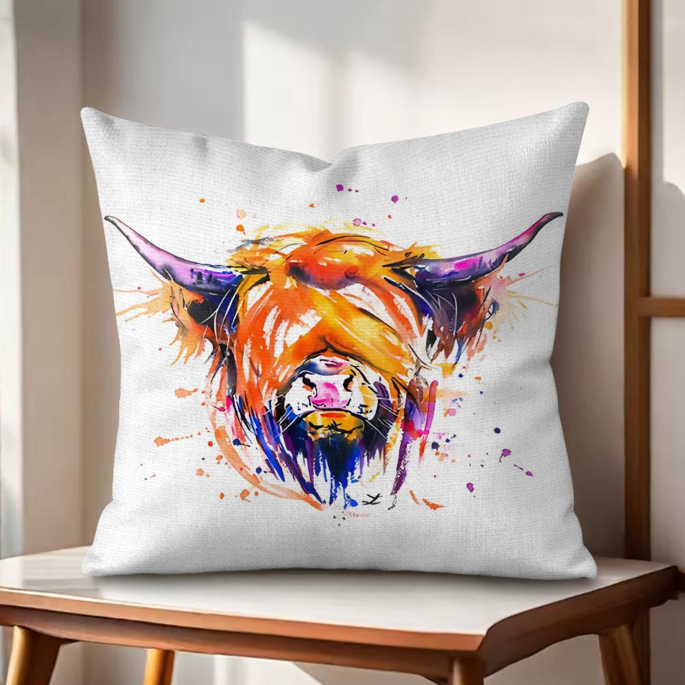 Highland cow  flower Cushion Cover Natural Linen Organic Fabric DoubleSided Printing Couch Pillow Covers Home Decor Gift